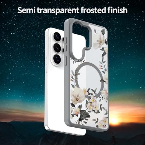 Image of VONZEE Compatible with Samsung Galaxy S26 Ultra 5G Case Luxury Retro Flowers Floral Clear for Magnetic Wireless Charging Case Shockproof PC+TPU Cute Glossy Shiny Cover for Girls Women, Grey