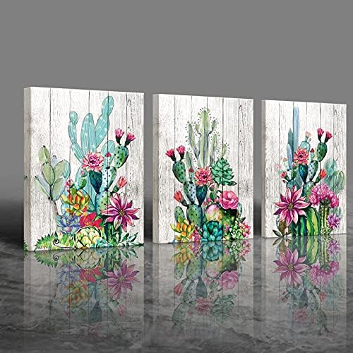 3 Piece Framed Wall Art Watercolor Tropical Plant Desert Cactus Canvas Print for Bedroom Bathroom Spiny Flower Artwork Home Office Wall Decoration 12x16 3 panels Decor