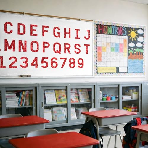 Image of Vuzvuv 295 Pcs Glitter Bulletin Board Letters and Numbers, 4 Inch Classroom Decor with Adhesive Points, Alphabet Cut Outs for School Display (Red)