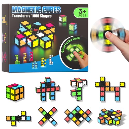 Magnetic Fidget Spinner Mini-13 Blocks Glow Magnet Cube & Transformable Fidget Spinner & Infinity Cube & 2x2x2 Cube-4 in 1 Toy STEM Magnetic Tiles Stress Relief Sensory Gift for Kid Boy Girl Adult