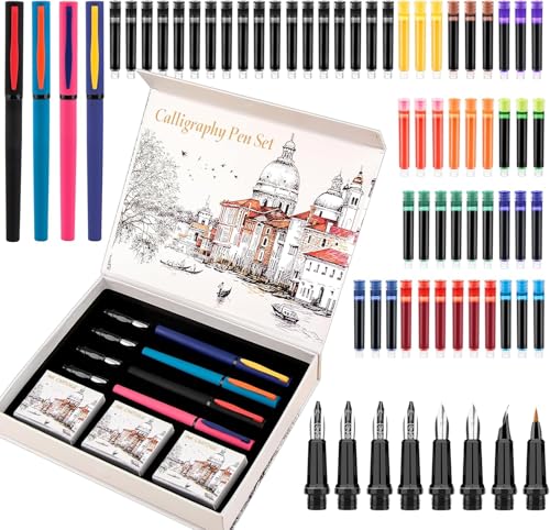 Oauir Gusix Kalligraphie-Stift-Set, Kalligraphie-F&uuml;llfederhalter mit 7 verschiedenen austauschbaren Federn mit 60 Tintenpatronen (12 Farben), 3 multifunktionale Farb-F&uuml;llfederhalter
