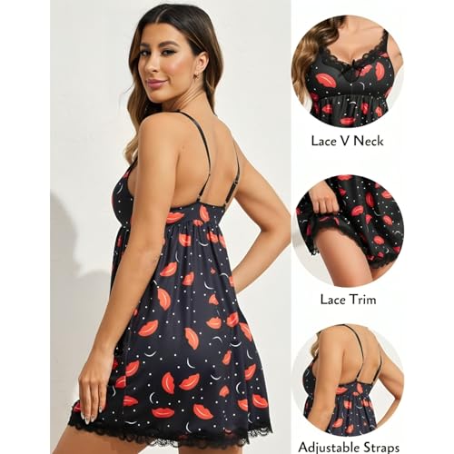 Image of Women Babydoll Lingerie Set Lace Chemise Above The Knee Nightgown Spaghetti Straps V- Neck Midnight Sleepwear for Honeymoon & Anniversary Romantic Nightwear