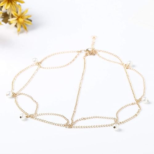 Miniatura 9 de Cadena de cabello indio para festival, joyería para el cabello, diadema de perlas con borla, cadena de cabeza ondulada para mujeres y niñas