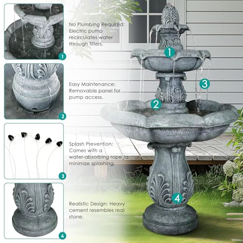 Image of SunJet 48 inch High 3-Tiers Modern Concrete Outdoor Water Fountain - Round Large Outdoor Fountains and Waterfalls for Garden, Patio, Yard, and Deck Decor, Featuring Natural Stone Look (Grey, 48 inch)