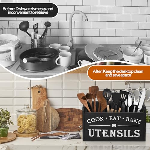 Kitchen Utensils Holder - Black Utensil Holder Cooking Utensil Organizer with 3 Compartment Drainage Bottom, Wooden Cutlery Storage Holder Farmhouse Cutlery Caddy, Cooking Tools Storage for Countertop - Image 6