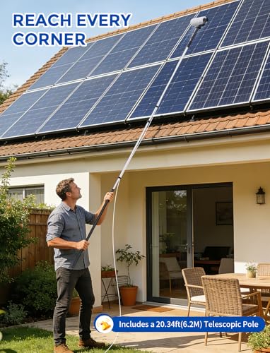Image of Electric Solar Panel Cleaning Kit, 20FT Solar Panel Cleaning Brush and Pole with Soap Dispenser, Telescopic Water Fed Pole, Solar Panel Cleaner Solution for Windows, Roof, RV