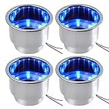 4PCS Boat Cup Holder, Stainless Steel Boat Cup Holder Insert, Blue Led Cup Holder Lights for Boat with Drain, 12V Waterproof Drink Holder, Night Mood Lighting Cup Holders for Marine, Boat, RV, Camper