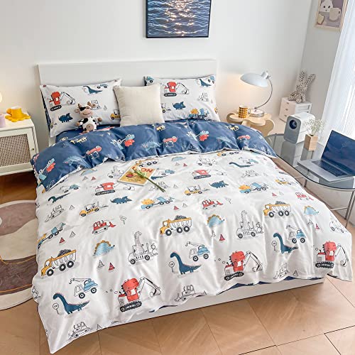 Layenjoy Dinosaur Duvet Cover Set Twin Size, 100% Cotton Bedding, Cartoon Jurassic Animal Truck Construction Print On White, 1 Cute Comforter Cover With Zipper 2 Pillowcases For Kids Teens Boys Girls #TOP1