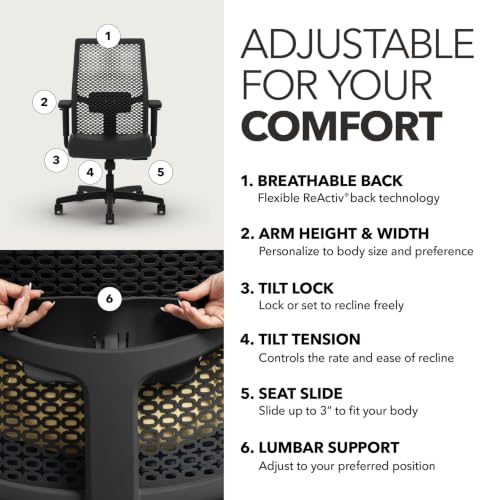 Image of HON Ignition 2.0 ReActiv Ergonomic Office Chair, Lumbar Support, Black