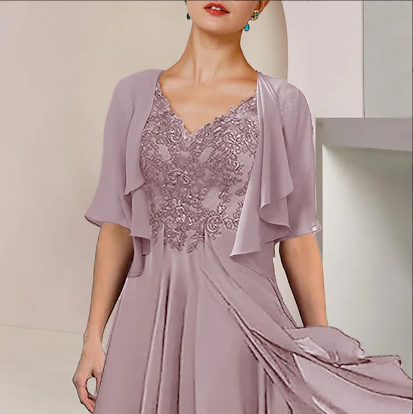 2 Pieces Mother of Bride Dresses V-Neck and Chiffon Jacket Tea Length A Line Bridesmaid Formal Evening Gowns4