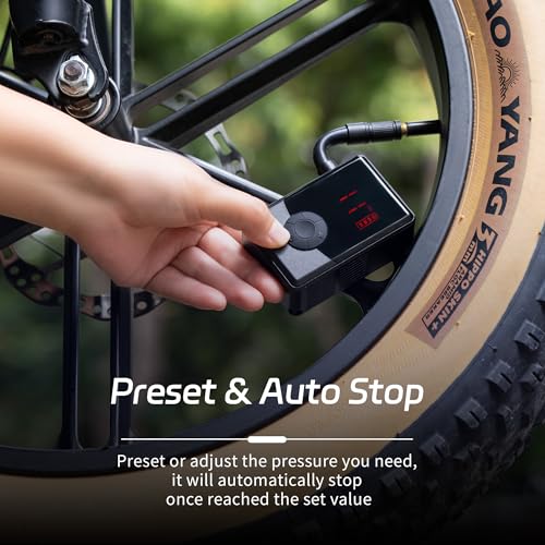 Mini Bike Tire Pump with Gauge, Max 130PSI Electric Bicycle Pump, Fast Inflation Mini Air Pump for Bike Tires, Auto Stop, Type-C, with Presta and Schrader Valve for E-Bike, MTB, and Road Bike