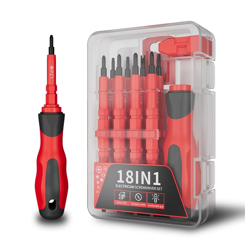 Insulated Screwdriver Set, 18 in 1 Electrician Maintenance Tools Kit, Multifunctional CRV Tip Magnetic Dual Head Precision Removable Bits Torx Hex Slotted Screwdrivers