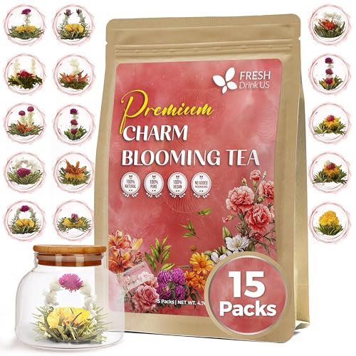 Image of FreshDrinkUS, Premium 15 Flowering Tea Balls - Green Tea, Lily, Jasmine, Rose, Gomphrena & More - Beautiful Hand-Tied Blooming Teas for Relaxation & Wellness - Caffeine-Free. Ideal Gift for Tea Lovers
