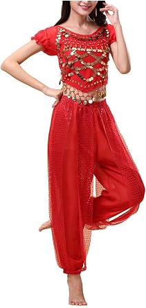 Red Womens Belly Dance Costume Set 2-Piece Outfit for Women Girls with top and Lantern Pants Ladies Professional Carnival Dancer Outfit Suit Bollywood Indian Arabian Dancing Performance M L