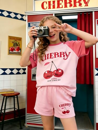 Image of KIDLAGA Girls Two Piece Sets Cherry Pattern Short Sleeve Shirts and Shorts Set With Pockets Girls Summer Outfits Size 7-14