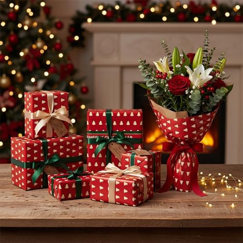 Gleemix Geschenkpapier Weihnachten, 20 Blatt Weihnachts Geschenkpapier Rot, Weihnachtspapier für Weihnachten, Neujahr und Winterurlaub, 57x57cm