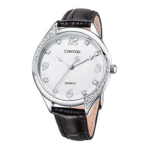 Comtex Relojes Mujer Elegantes con Correa de Cuero Negro Análogo Cuarzo Resistente Agua