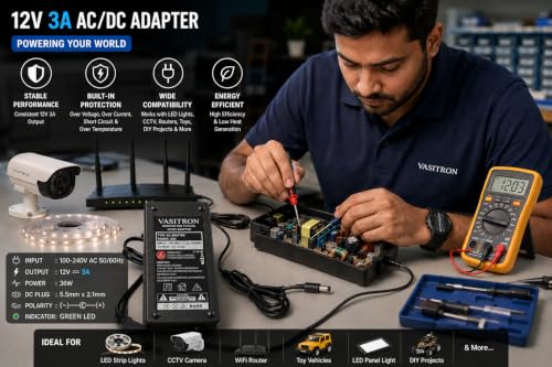 Image of 12V 3Amp DC Power Supply Adapter, Table Top 12 Volt 3A SMPS for CCTV Camera, LCD Monitor, TV, LED Strip Light, DVR, NVR, Setup Box Broadband, Routers for Home & Commercial Security Systems