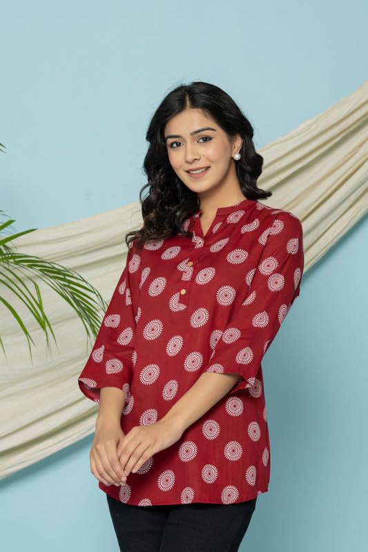Image of Women's Cotton Printed Kurta Top | 3 /4 Sleeve Straight Kurti Casual Outings