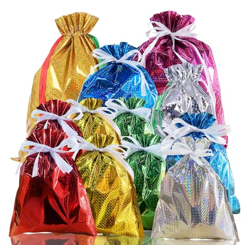 12 Pack Solid Color Foil Gift Bag Multipack Drawstring Gift Bags 8 Color Shimmer Wrapping Bags Jumbo Xmas Bag Reusable Large Christmas Foil BagsGift Wrapping Bagfor Presents Birthday Wedding Party