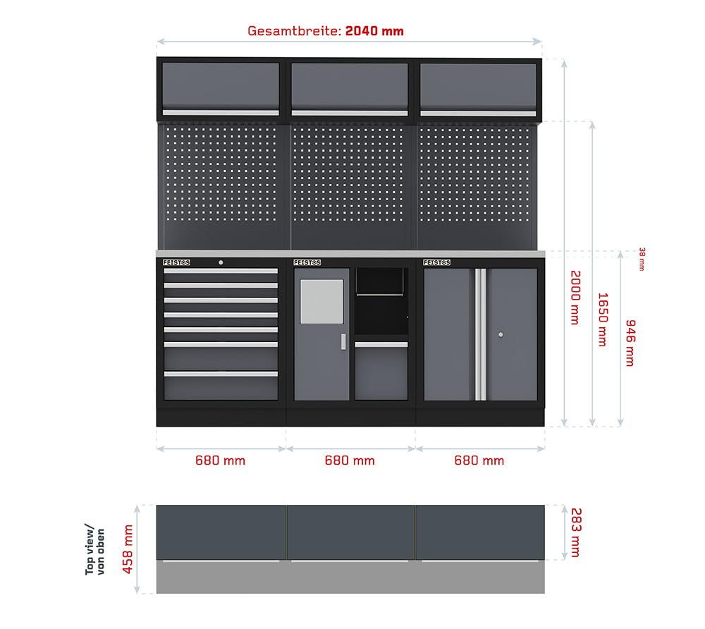 Werkstatteinrichtung Apollo 11E | Werkzeugschrank inkl. Lochwand & Edelstahl Arbeitsplatte | Modular erweiterbar | Anthrazit RAL7016 Schwarz RAL9005 | 204x46x200 cm