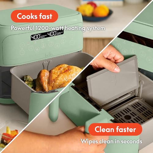 Image of bella 4 Qt TriZone Air Fryer, EverGood Ceramic Nonstick Coating, Dual Basket Design w Removable Divider, Digital Touchscreen Control w 6 Preset Cooking Options, 1200 Watt, 3lb Capacity, Seaglass