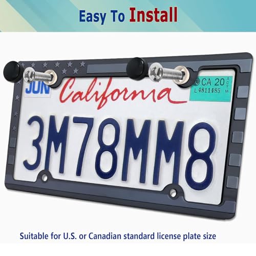 Image of BGGTMO American Flag License Plate Frames- Patriotic USA Stars and Stripes Plastic Car Tag Holder Cover (Gloss on Matte Black) with Screws | Patriotic USA Stars and Stripes, Gloss on Matte Black, Car Tag Holder Cover, Includes Screws Caps