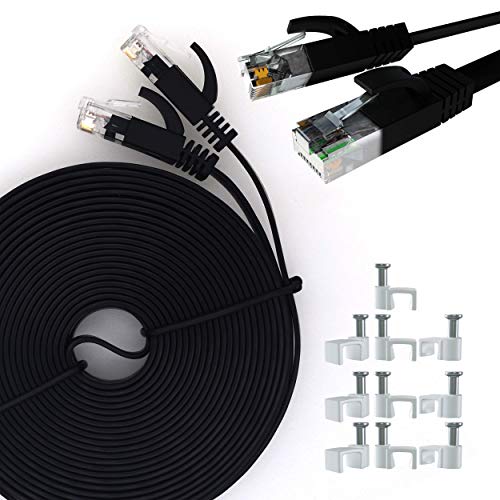 ITBEBE Cat6 Ethernet Cable 25 ft, Black  Flat Internet Cord with 3 Micron Gold-Plated RJ45 Connectors and Snag-Proof Clips  Lightning Fast High Speeds and Superior Signal Strength