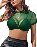 Avidlove Short Sleeve Crop Top Mesh Crop Top Sheer Tee Shirt See Through Mesh Top Short Sleeve Women Tight Tops Green XXL
