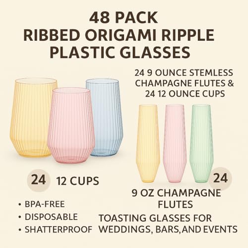 Image of 48 Pack Disposable Wine Glasses, Plastic Champagne Flutes - Stemless Clear | 24 9oz Flutes, 24 12oz Wine Cups, Cocktail Glasses, BPA-Free Shatterproof Unbreakable Reusable Recyclable Wedding Birthday