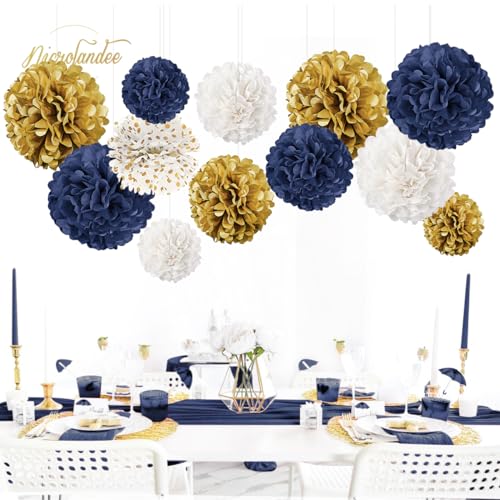 image for NICROLANDEE Wedding Party Decorations - 12 PCS Navy Blue and Gold Tiss