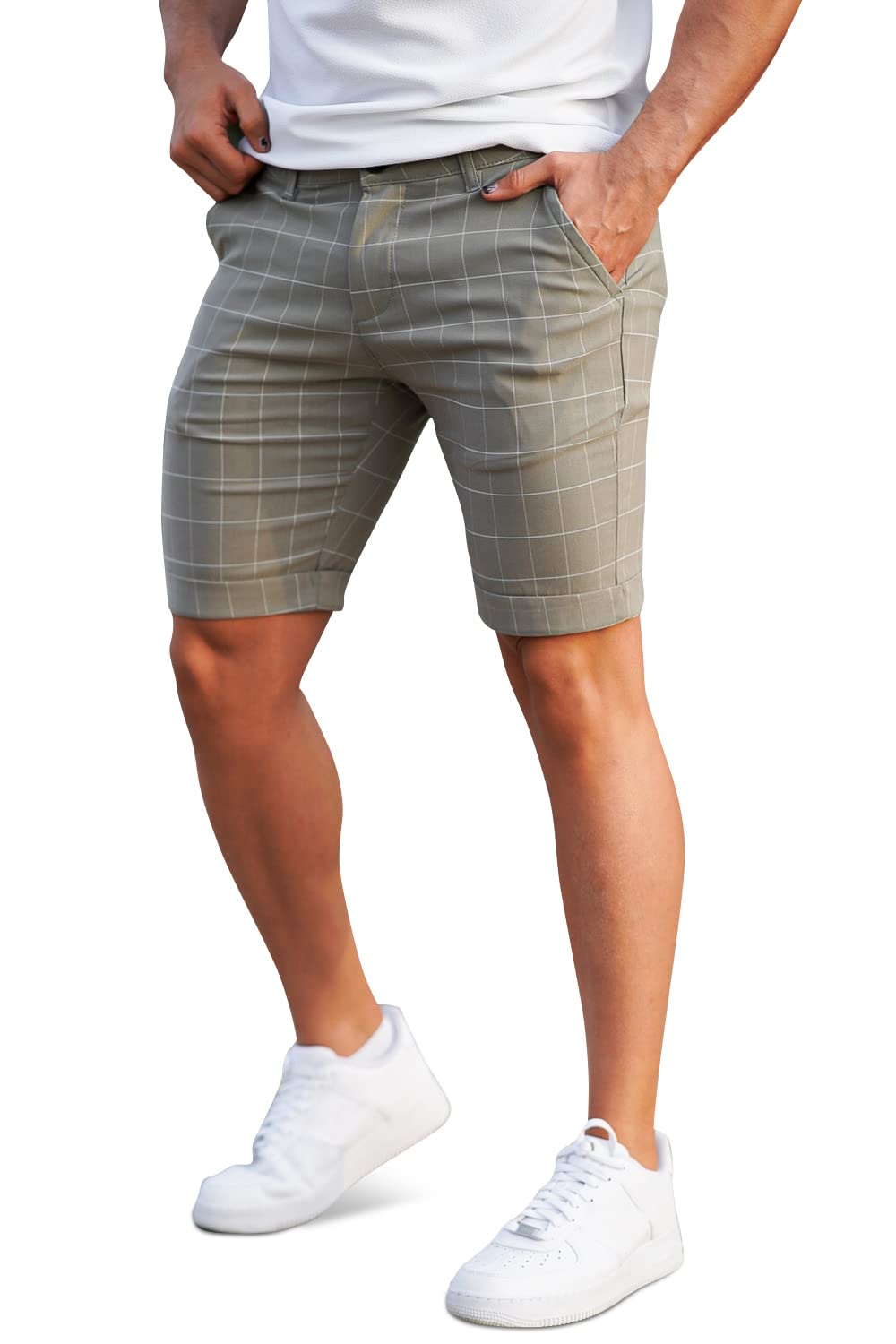 GINGTTOMens Slim Fit Shorts Plaid Chino Short Tapered Leg Skinny Stretch