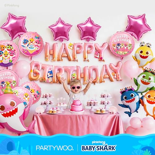 Image of PartyWoo Baby Shark Family Foil Balloons 37pcs Baby Shark Family Pink Round Star Mylar Happy Birthday Letter Balloons for Boys and Girls Under the Sea Kids Birthday Party Decorations