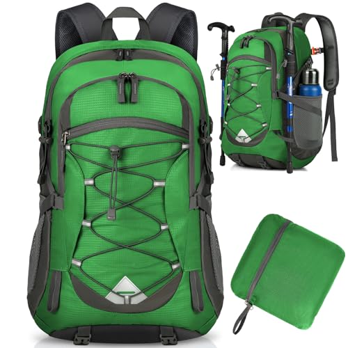 Zaino Trekking 40 Litri, Zaino Ultraleggero Pieghevole, Impermeabile Zaino da Viaggio per Uomo/Donna, Zaino da Trekking con Strisce Riflettenti, Zaino Montagna per Escursionismo Campeggio (Verde erba)