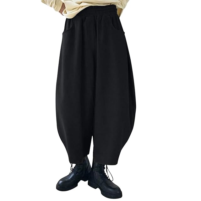 Retro Western Pants for Womens Elastic Waist Loose Fit Lantern Trousers Fashion Cosplay Pants with Pockets Plus Size