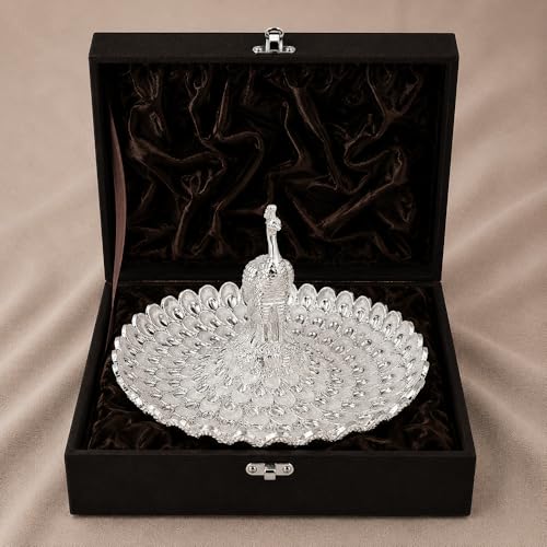 Image of Diviniti German Silver Peacock Decorative Tray for Home Decor | Luxury Dry Fruit & Sweet Serving Platter with Silver Feather Design | Premium Decorative Gift Hamper Plate with Elegant Gift Box
