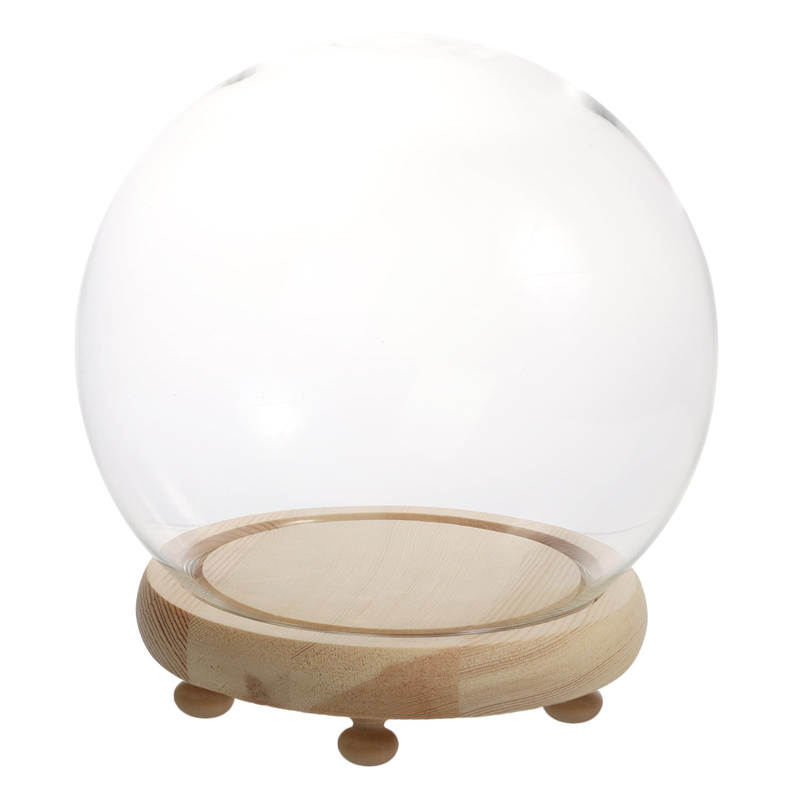 Vitrine sphérique en verre blanc avec base bois et abat-jour LED pour décoration de table salon