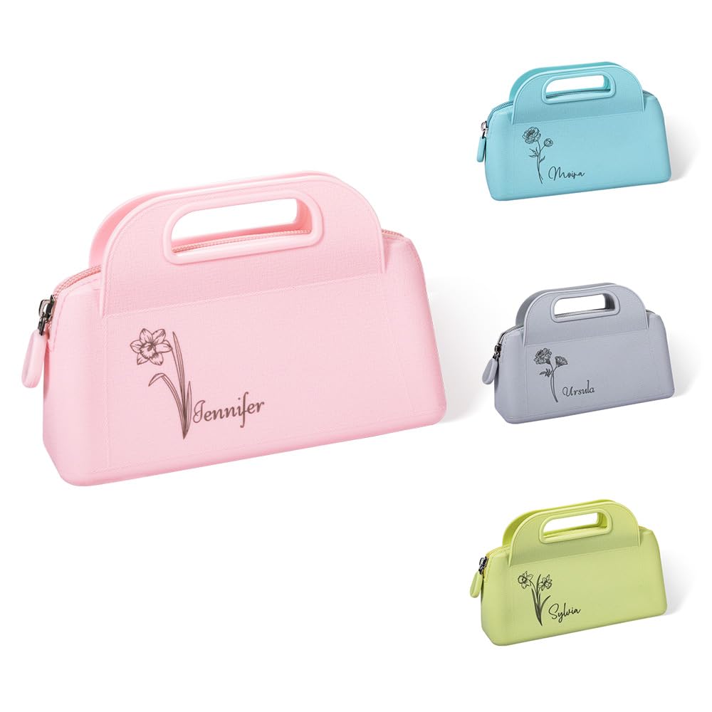 BYFDIY Custom Small Travel Makeup Bag Silicone Waterproof Personalized Birth Flower Name Makeup Brush Case Portable Zipper Cosmetic Bag Gifts For Mom