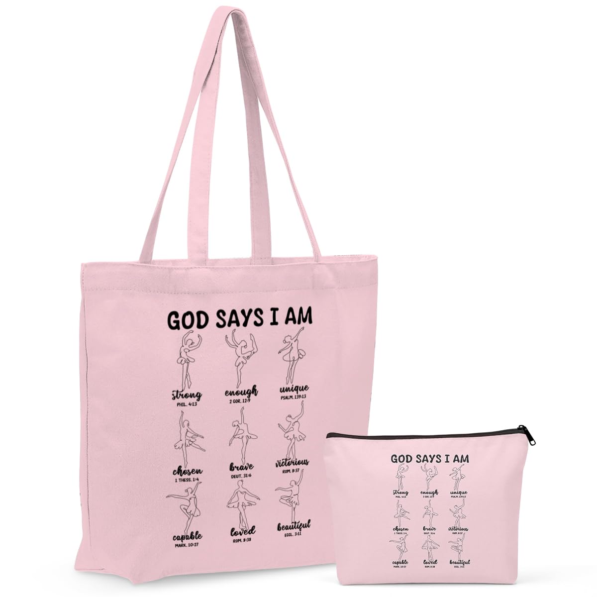 Christian Gifts for Women, Dancing Girls Canvas Tote Bag Makeup Bag Set, Inspirational Bible Religious Dance Gifts for Dancer Birthday Friendship Graduation Reusable Grocery Bags Travel Cosmetic Bag