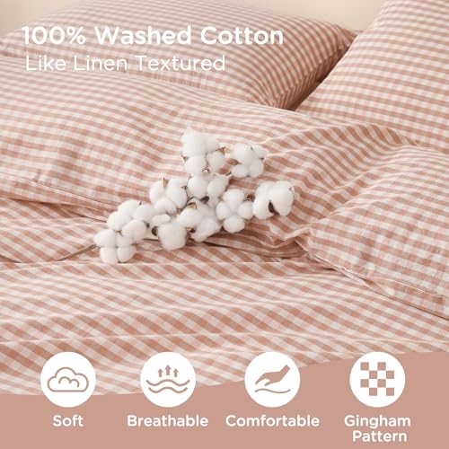 Image of TOCOMOA Pink Tan Gingham Duvet Cover Bedding Set 100% Washed Cotton Like Linen Feel Super Soft Comfy 3 Piece Vintage Plaid Checkered Fall Comforter Cover Set (King 104 inchx90 inch, Comforter Not Included)