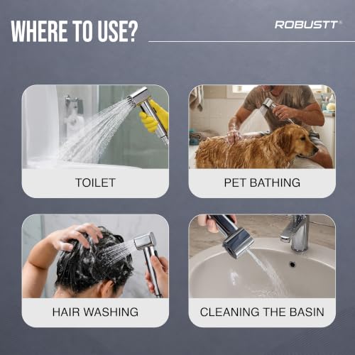 Image of Robustt Health Faucet for Toilet with 1.2m Hose (304 SS) with Adhesive Wall Mount Holder |2 Flow Modes | Jet Spray Pipe for Toilet with Stream & Rain Settings - Chrome Finish Bathroom Faucet