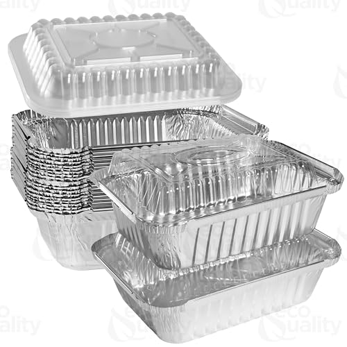 [100 Pack] 1.5LB Oblong Take Out Foil Baking Pans with Dome Lids Shallow - 768 Aluminum Pan for Baking, Roasting, Potluck, Reheating, Catering, Party, BBQ, Baking by EcoQuality