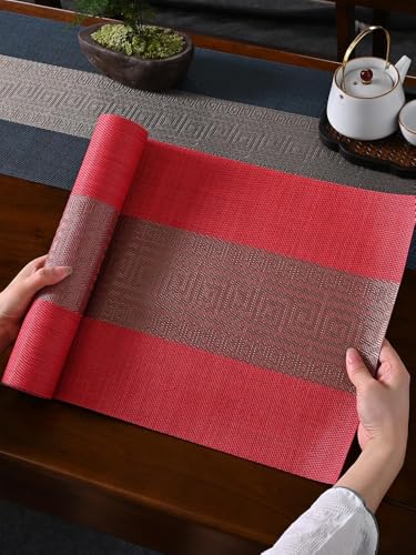 Image of Dining Table Placemats & Runner Set - Heat Resistant, Washable & Stain Resistant Woven Vinyl Mats | Table Runner & 4 Placemats Set for Stylish Dining (45x30 cm Placemats, 180x30 cm Runner)