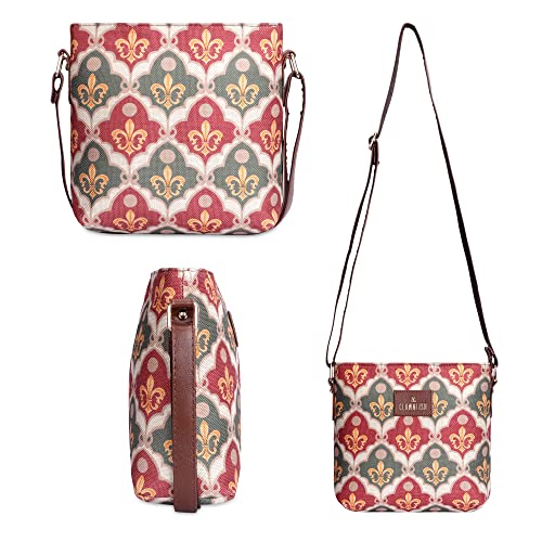 Image of THE CLOWNFISH Aahna Printed Handicraft Fabric Crossbody Sling bag for Women Casual Party Bag Purse with Adjustable Shoulder Strap for Ladies College Girls (Pink-Rangoli Design)