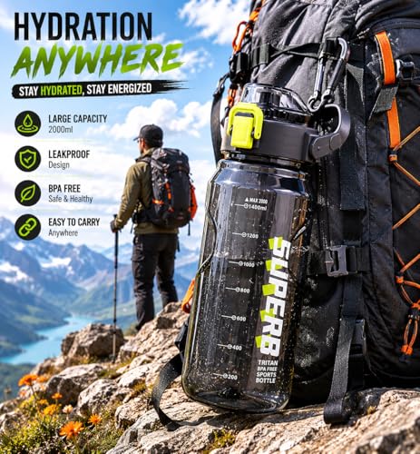 Image of AQUAFIT Sports Water Bottle With Portable Handel With BPA Free Material For Gym,Yoga And Sports Activity Color- (Funky Gray, 2 Liter)