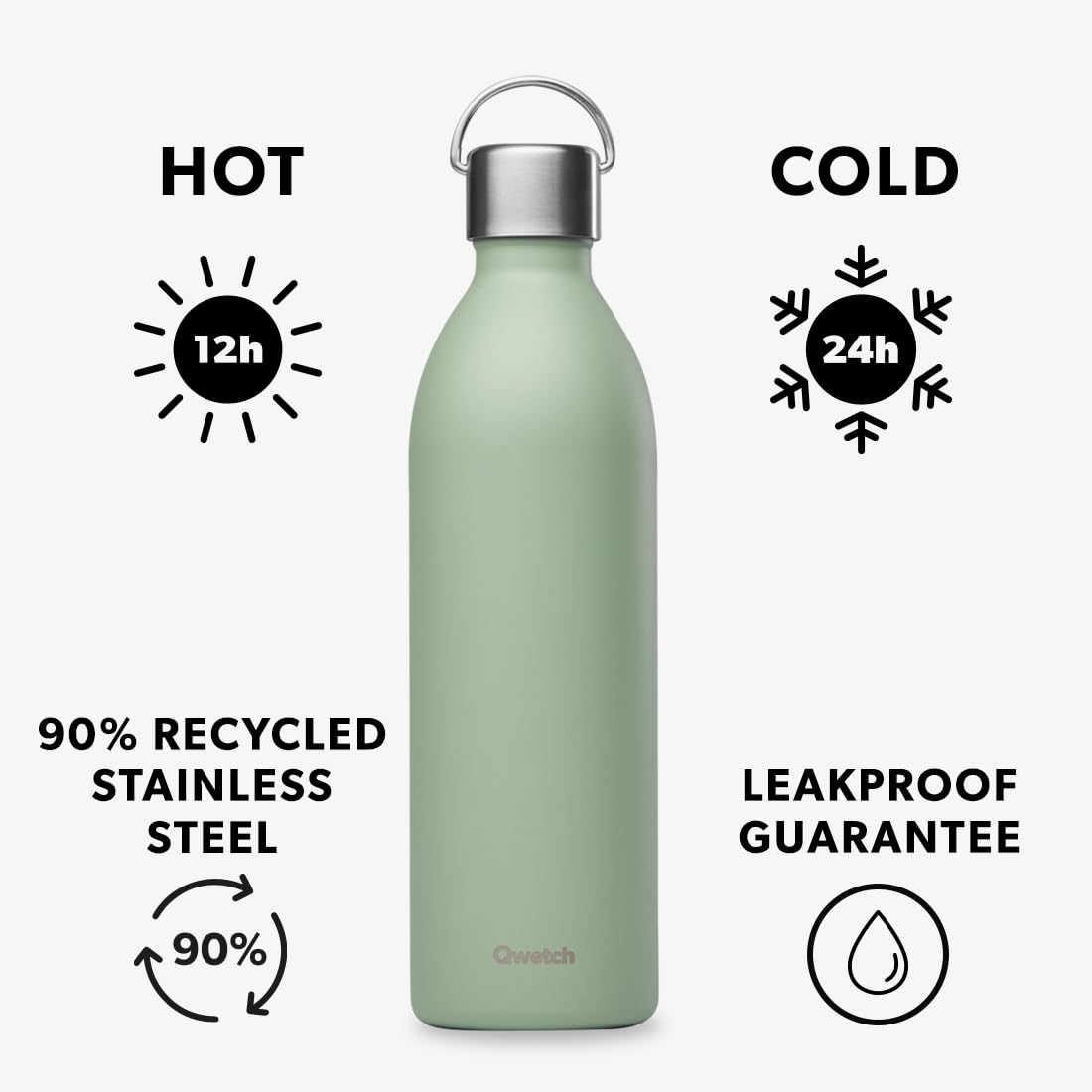 Qwetch - Active Insulated Bottle Lime Green 1L - Stainless Steel Recycled Handle Flask - 24h Cold & 12h Hot - Leakproof & Compact - Image 2