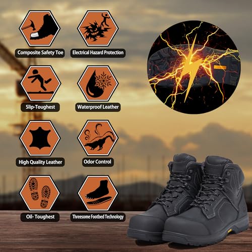6" Work Boots For Men Waterproof Leather ASTM F2413-18 Composite Safety Toe EH Rated Arch Support Anti Fatigue3