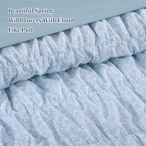 Full Size Comforter Sets - 7 Pieces Puff Cornflower Blue Floral Bedding Set for All Seasons, Shabby Chic Farmhouse Bed in a Bag Full with Floral Comforter, Sheets, Pillowcases & Shams
