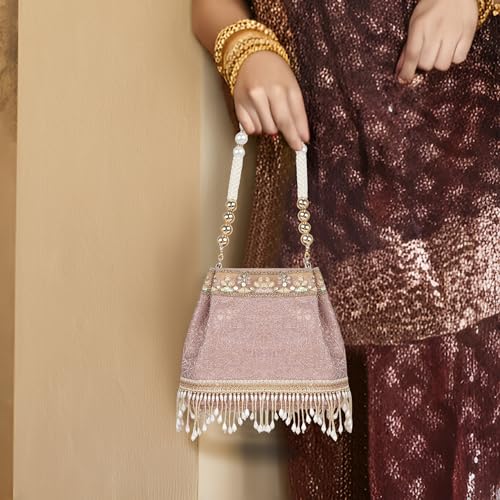 Image of Nevis PU Silk Fabric Women's Embellished Potli Bag with Pearl Handle & Fringe Detailing | Designe Wedding & Festive Handbag