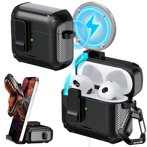 Image of RFUNGUANGO for AirPods 3 Case with Lock Magnetic Lid Phone Stand, Black